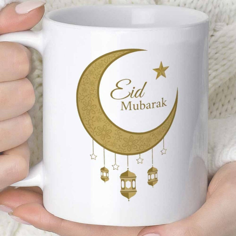 Tailorly White Ceramic 11 oz Mug - Eid Mubarak Golden Crescent With Traditional Hanging Lanterns Under Shining Stars Moon