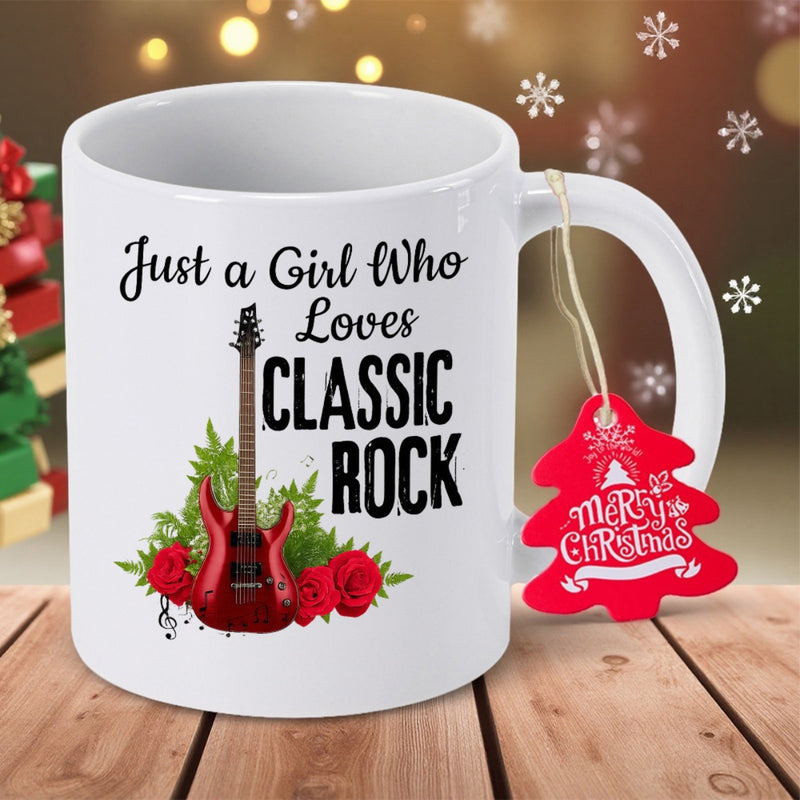 Tailorly White Ceramic 11 oz Mug - Just A Girl Who Loves Classic Rock Red Electric Guitar Surrounded By Blooming Roses And Lush Greenery Guitar