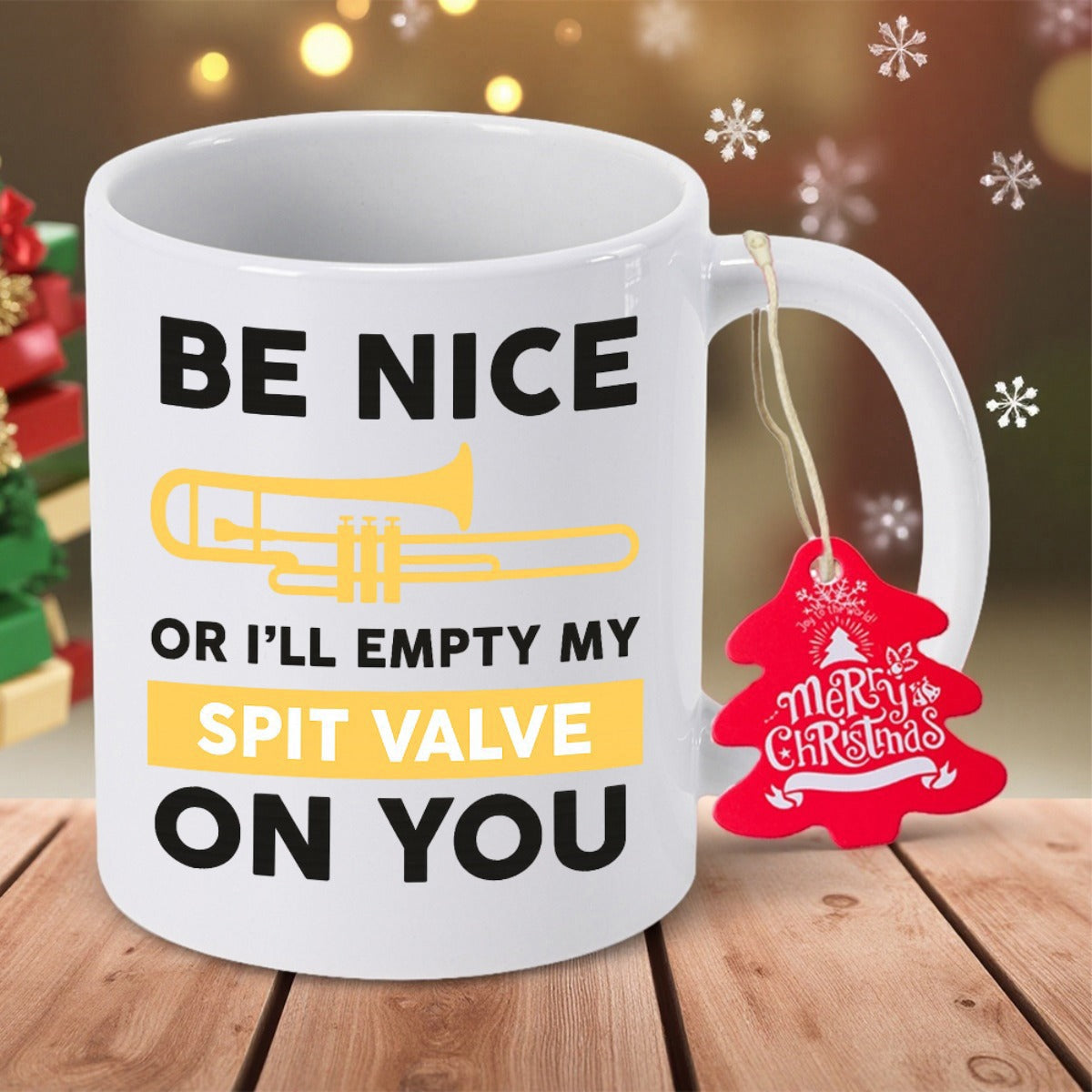 Tailorly White Ceramic 11 oz Mug - Be Nice Or Ill Empty My Spit Valve On You Golden Brass Musical Instrument Shown In A Minimalist Artistic Vector Trombone
