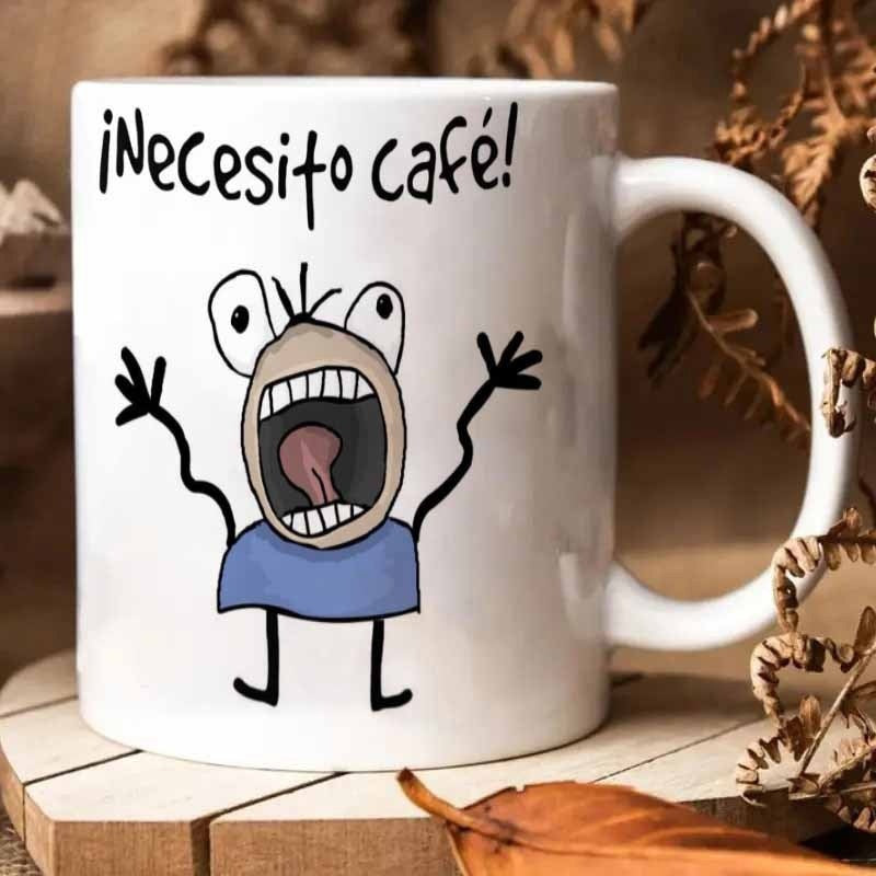 Tailorly White Ceramic 11 oz Mug - Funny Cartoon Stick Figure Character Screaming For Morning Energy Stressed Little Figure