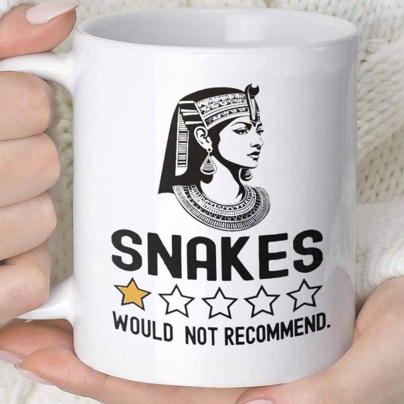 Tailorly White Ceramic 11 oz Mug - Snakes Would Not Recommend Ancient Egyptian Queen Profile Illustration With Rating Star Symbols Queen