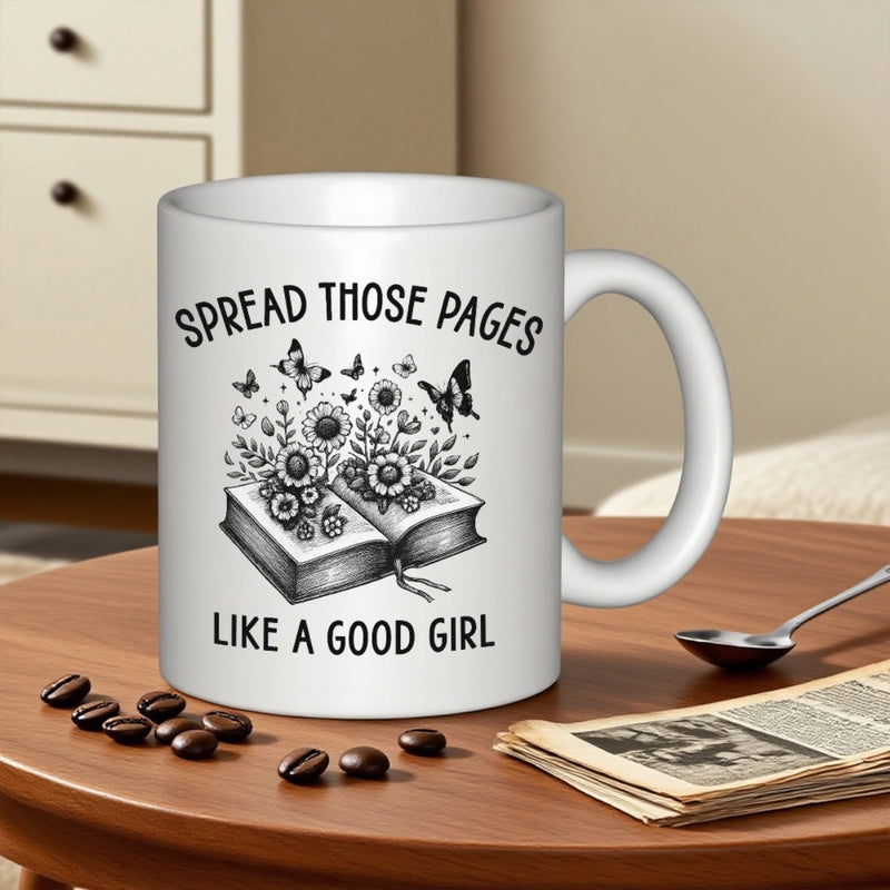 Tailorly White Ceramic 11 oz Mug - Spread Those Pages Like A Good Girl Blooming Flowers And Flying Butterflies Emerging From An Open Vintage Style Book