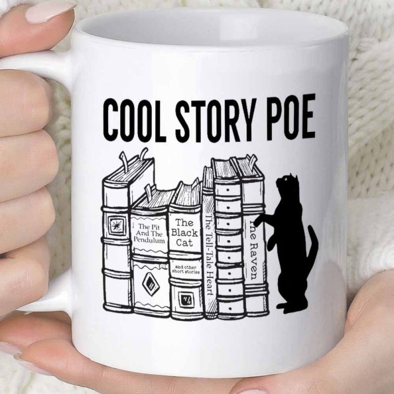 Tailorly White Ceramic 11 oz Mug - Cool Story Poe Vintage Literature Books Standing Beside A Silhouette Of A Black Cat