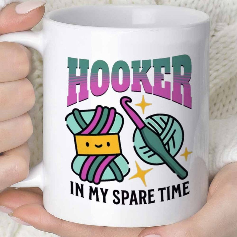 Tailorly White Ceramic 11 oz Mug - Hooker In My Spare Time Playful Yarn Balls With A Hook Surrounded By Bright Shining Stars Yarn