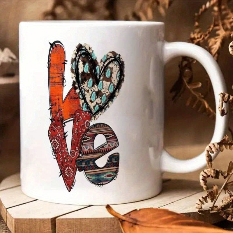 Tailorly White Ceramic 11 oz Mug - Love Artistic Patchwork Design Featuring Western Tribal Textures And Leopard Print Heart Sign