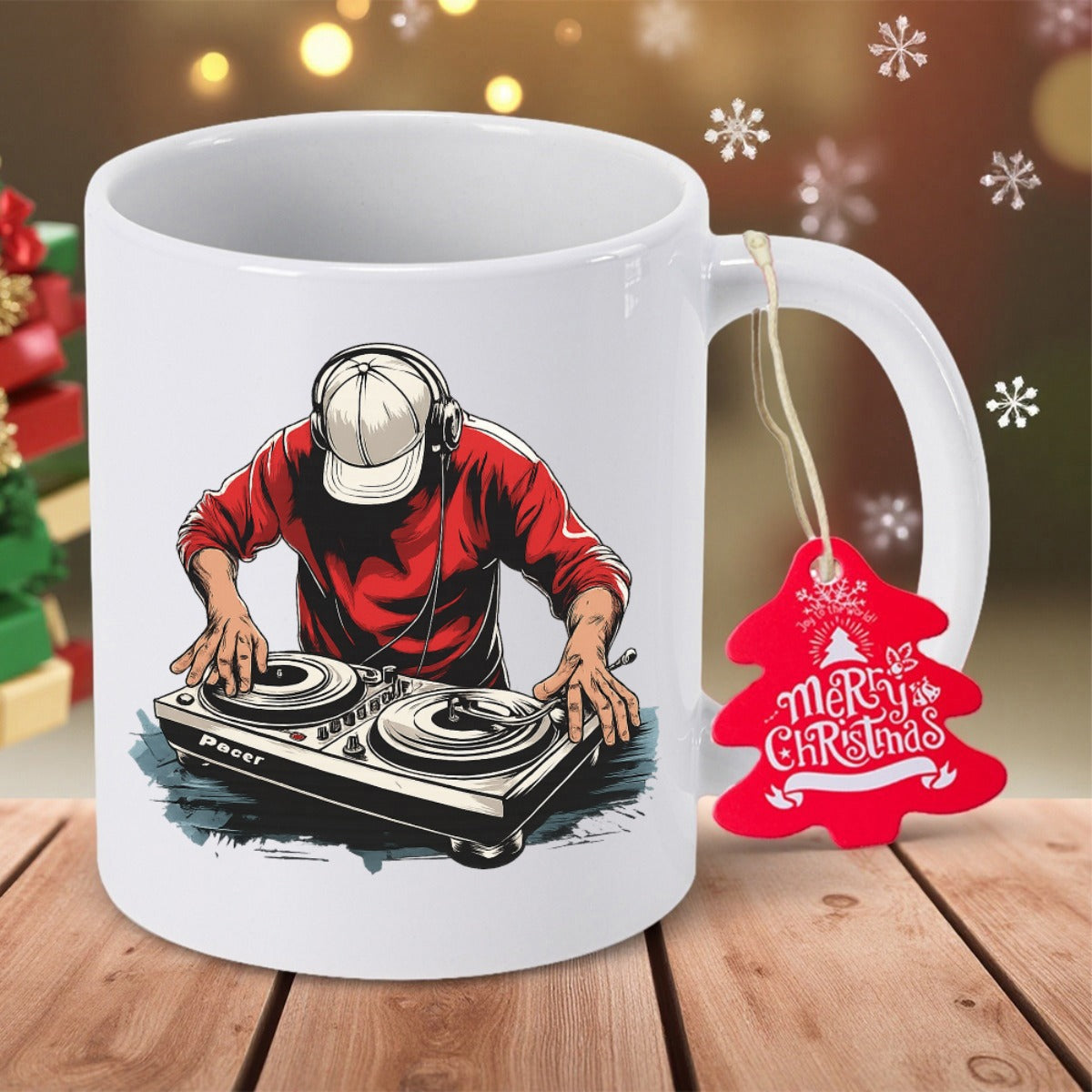 Tailorly White Ceramic 11 oz Mug - Merry Christmas Energetic Performer Wearing Headphones Playing Music On Digital Turntable Mixing Deck DJ