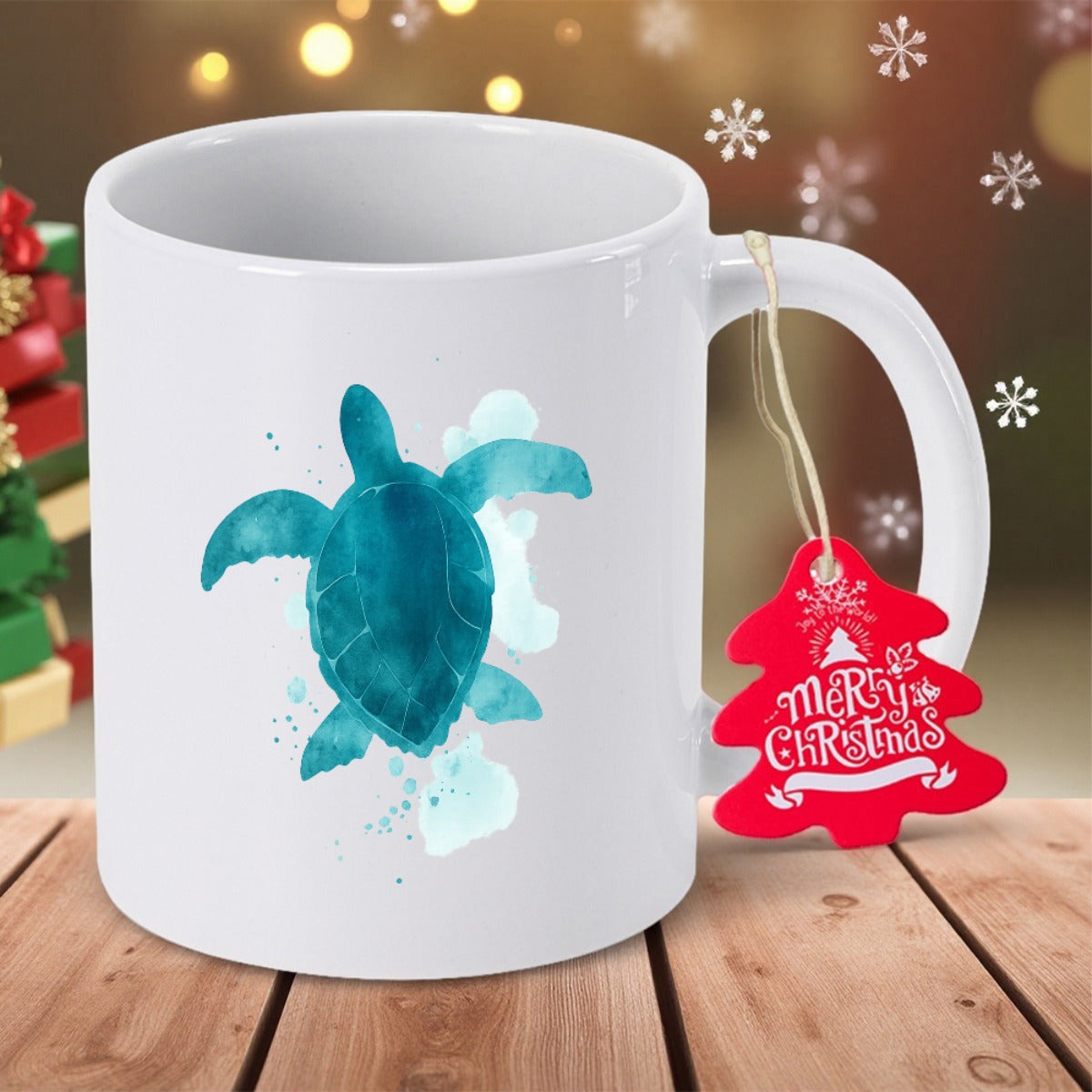 Tailorly White Ceramic 11 oz Mug - Merry Christmas Watercolor Teal Blue Sea Swimming Gracefully Through Clear Ocean Turtle
