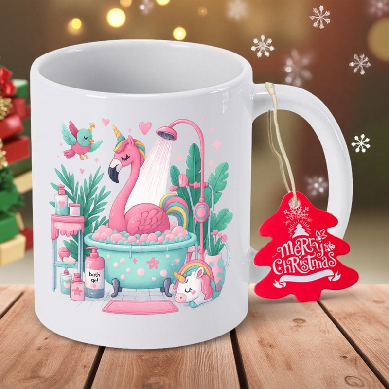 Tailorly White Ceramic 11 oz Mug - Merry Christmas Whimsical Pink Flamingo Unicorn Relaxing In Bubble Bath Among Tropical Plants Flamingo