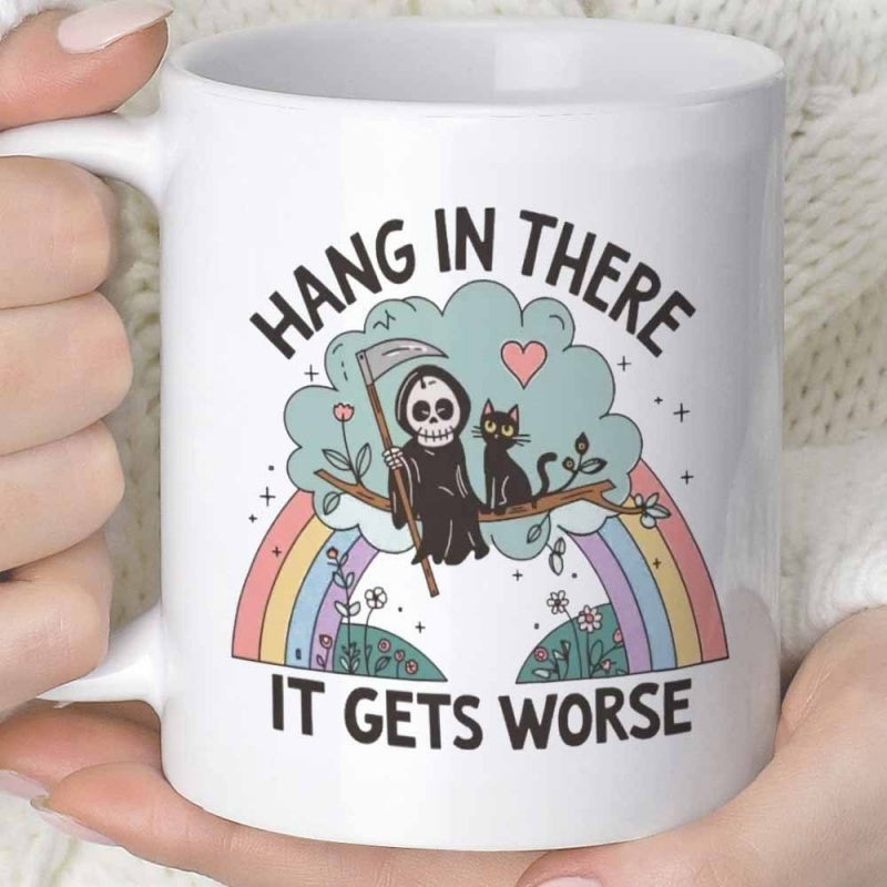 Tailorly White Ceramic 11 oz Mug - Hang In There It Gets Worse Grim Reaper Sitting Beside Black Cat On Branch Above Pastel Rainbow Grim Reaper