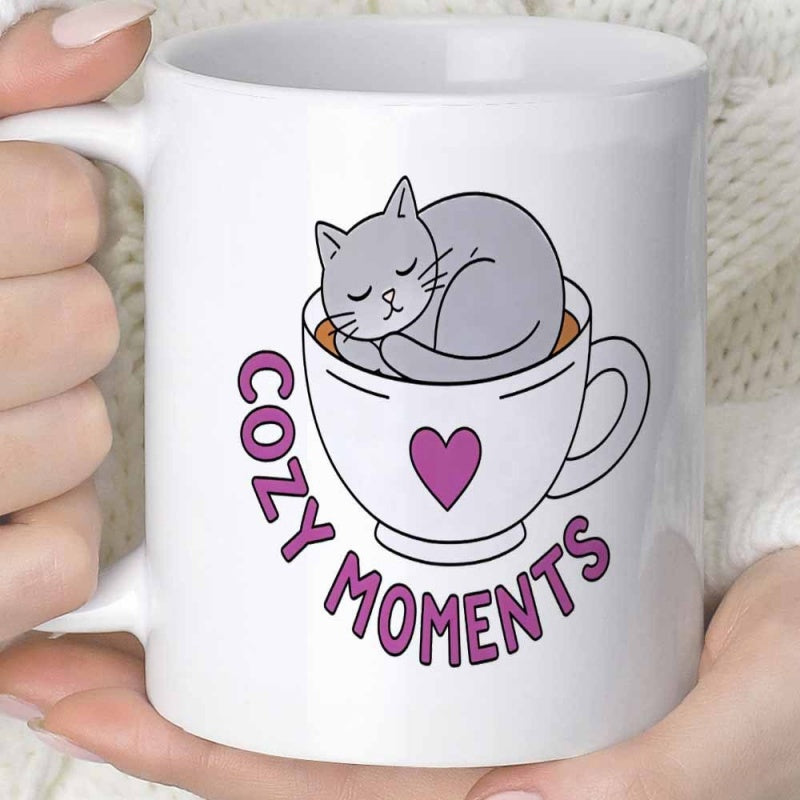 Tailorly White Ceramic 11 oz Mug - Cozy Moments Adorable Sleeping Grey Cat Resting Inside A Heart Decorated Teacup Cat