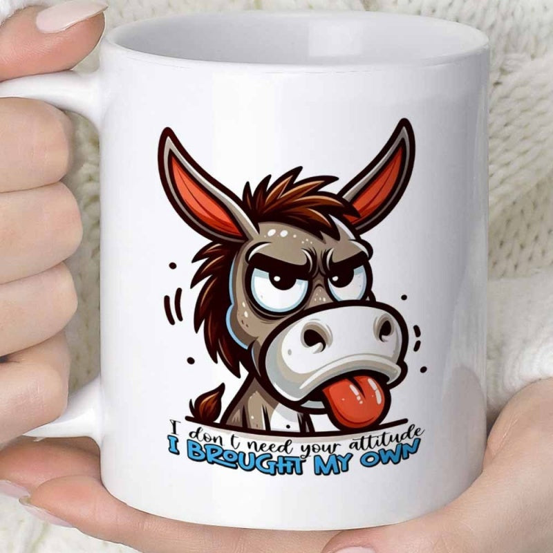 Tailorly White Ceramic 11 oz Mug - I Don't Need Your Attitude I Brought My Own Grumpy Cartoon Face Sticking Out Its Red Tongue Donkey