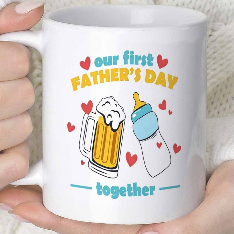 Tailorly White Ceramic 11 oz Mug - Our First Father's Day Together Playful Cartoon Beer Mug And Baby Bottle Surrounded By Hearts Mug