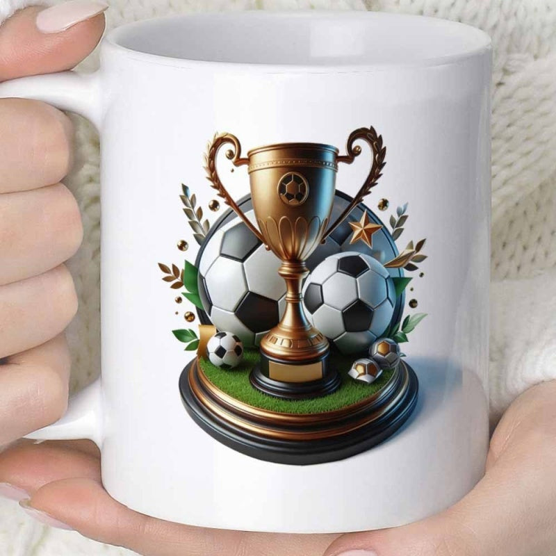 Tailorly White Ceramic 11 oz Mug - Golden Victory Cup With Soccer Balls Resting On Lush Grass Trophy