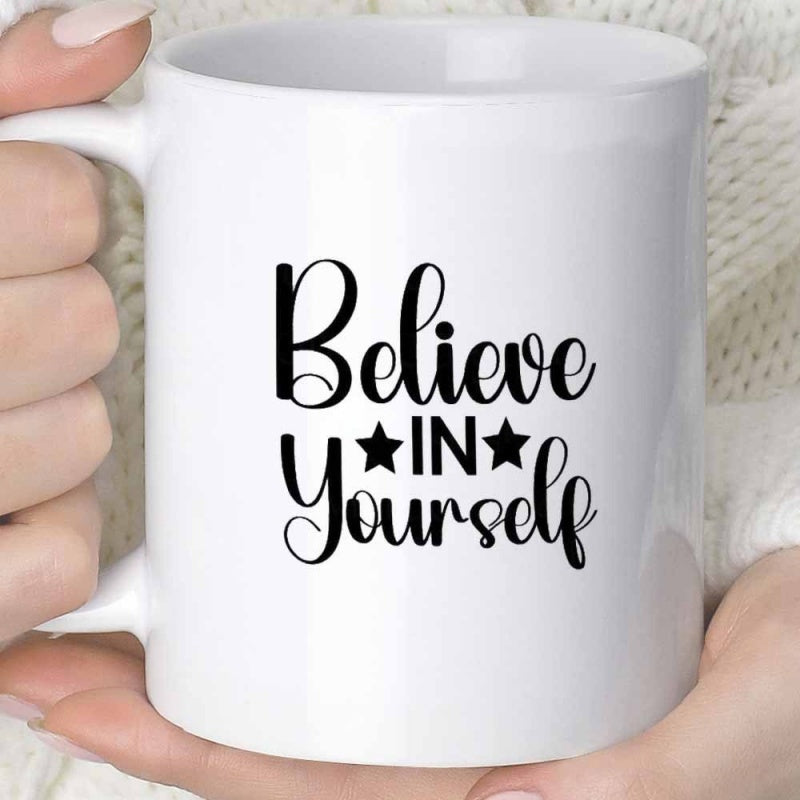 Tailorly White Ceramic 11 oz Mug - Believe In Yourself Simple Motivational Script With Decorative Small Black Stars Mug