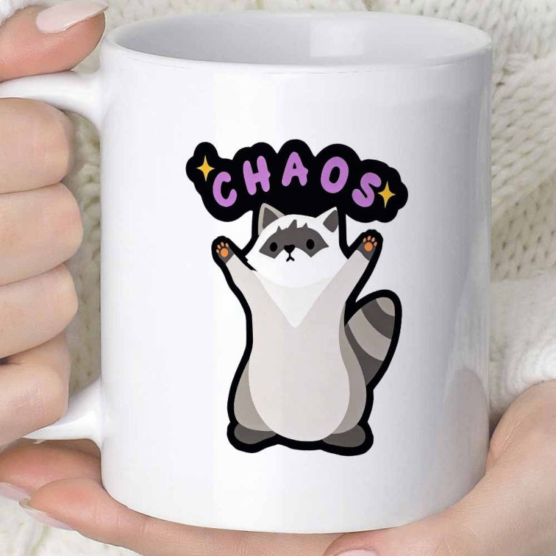 Tailorly White Ceramic 11 oz Mug - Chaos Adorable Cartoon Raccoon Reaching Up Among Sparkling Stars Raccoon