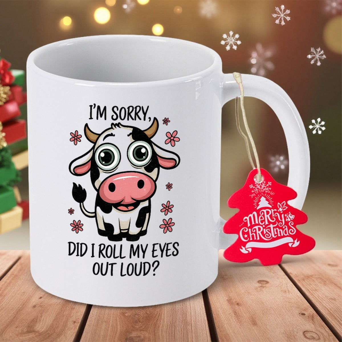 Tailorly White Ceramic 11 oz Mug - Im Sorry Did I Roll My Eyes Out Loud Cute Sarcastic Bovine With Big Eyes Among Tiny Red Snowflakes Cow