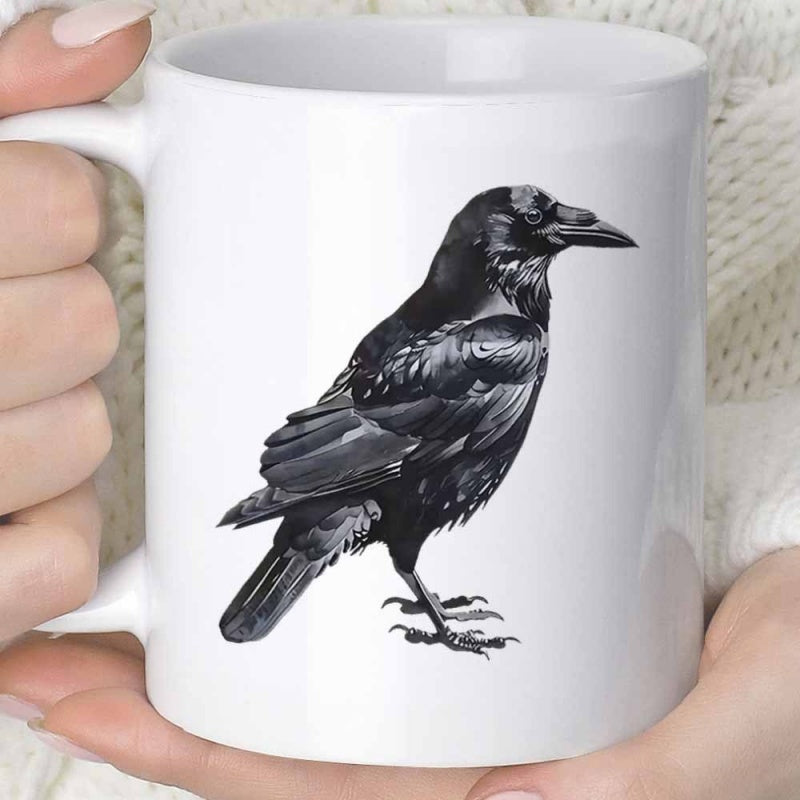 Tailorly White Ceramic 11 oz Mug - Realistic Detailed Black Feathered Bird Standing On Pure White Surface Crow