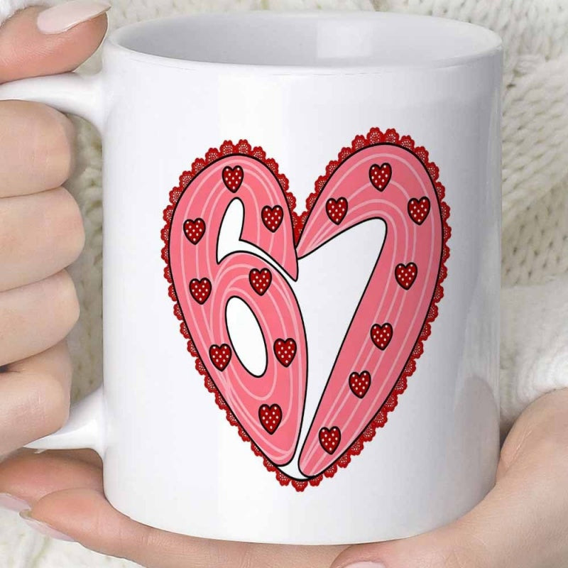 Tailorly White Ceramic 11 oz Mug - Stylized Pink Lace Pattern With Small Red Hearts Inside Sixty Seven Heart
