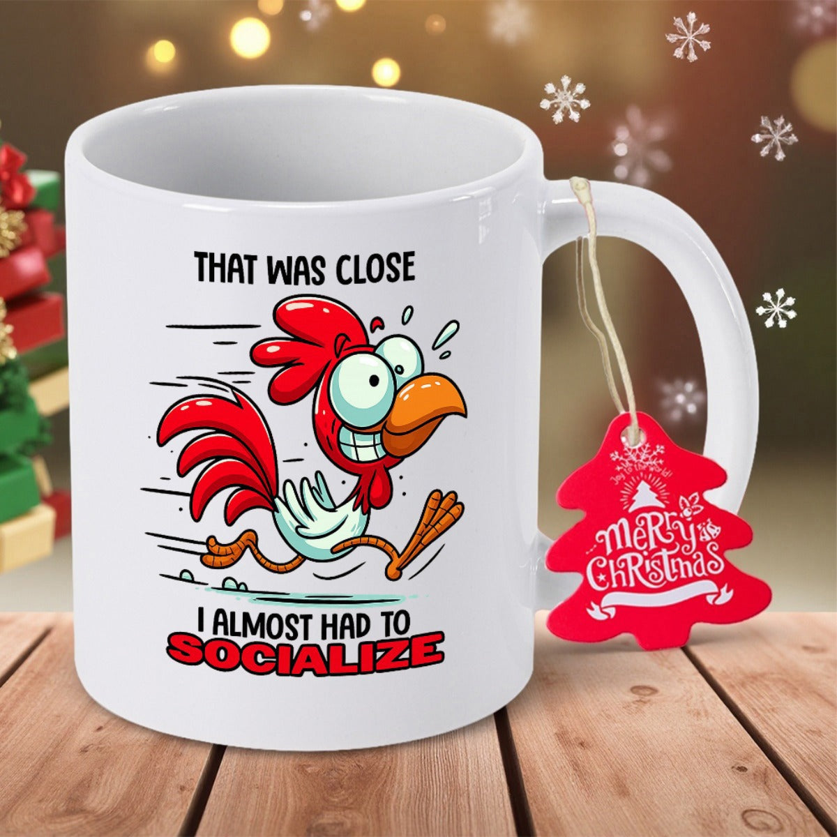 Tailorly White Ceramic 11 oz Mug - That Was Close I Almost Had To Socialize Hilarious Animated Chicken Character Running Away From Social Interaction Under Panic