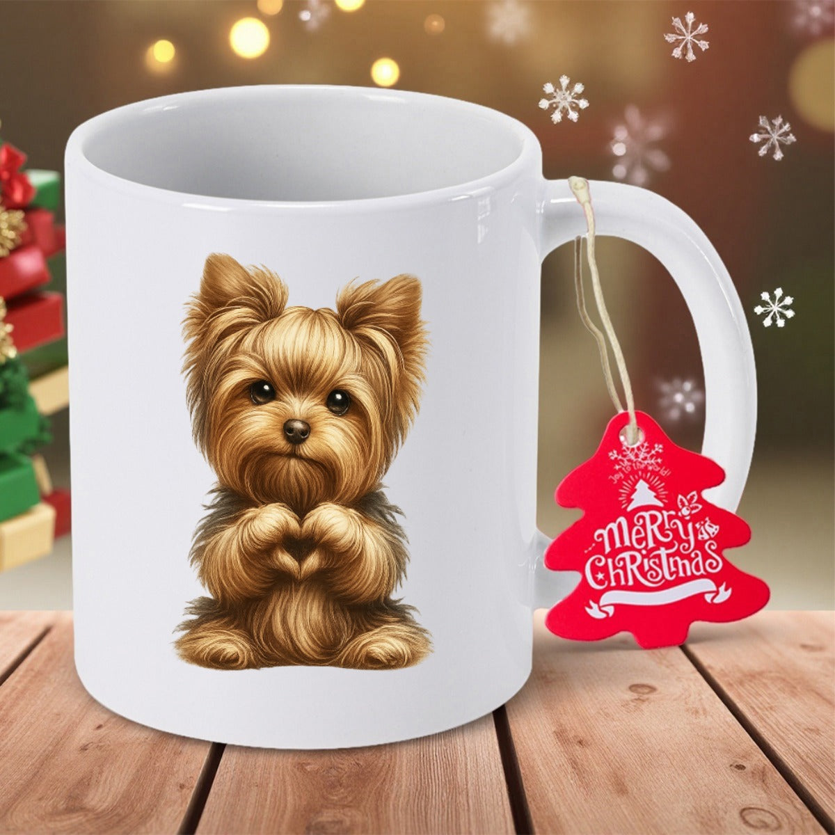 Tailorly White Ceramic 11 oz Mug - Merry Christmas Adorable Fluffy Puppy Making Heart Shape With Front Paws Yorkshire Terrier