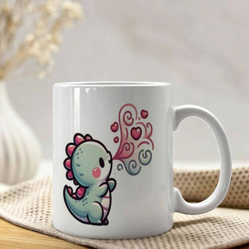 Tailorly White Ceramic 11 oz Mug - Adorable Pale Green Creature Blowing Swirling Pink Hearts And Magical Mist Dinosaur