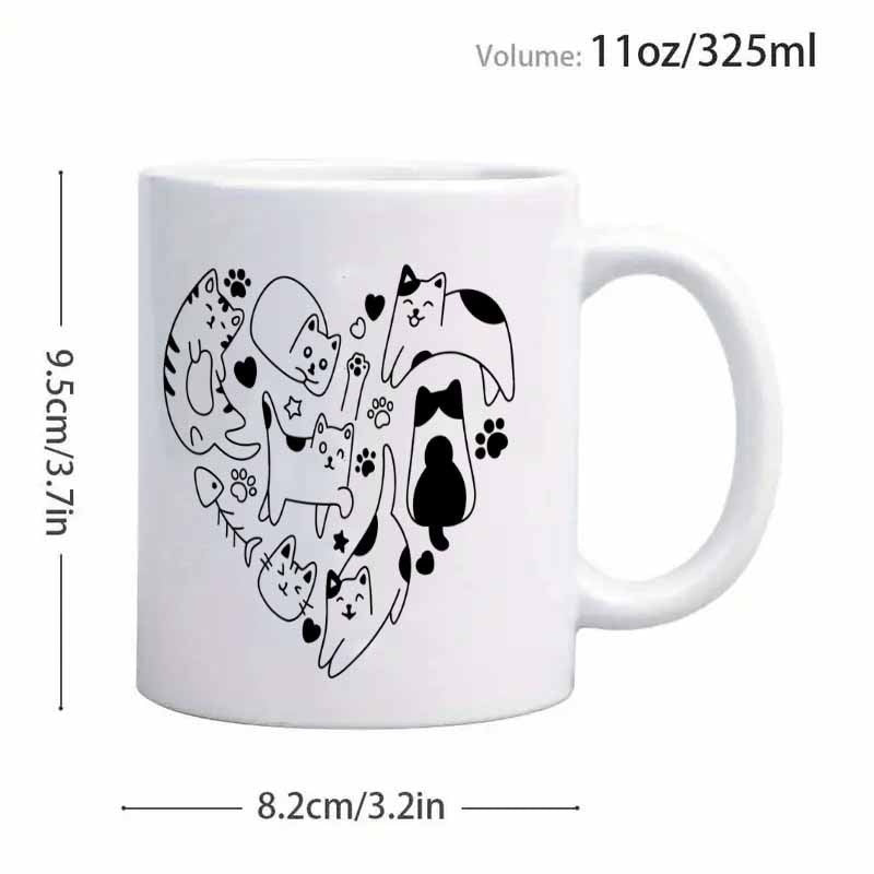 Tailorly White Ceramic 11 oz Mug - Whimsical Heart Shaped Arrangement Of Playful Cartoon Cats With Tiny Paw Prints Cat