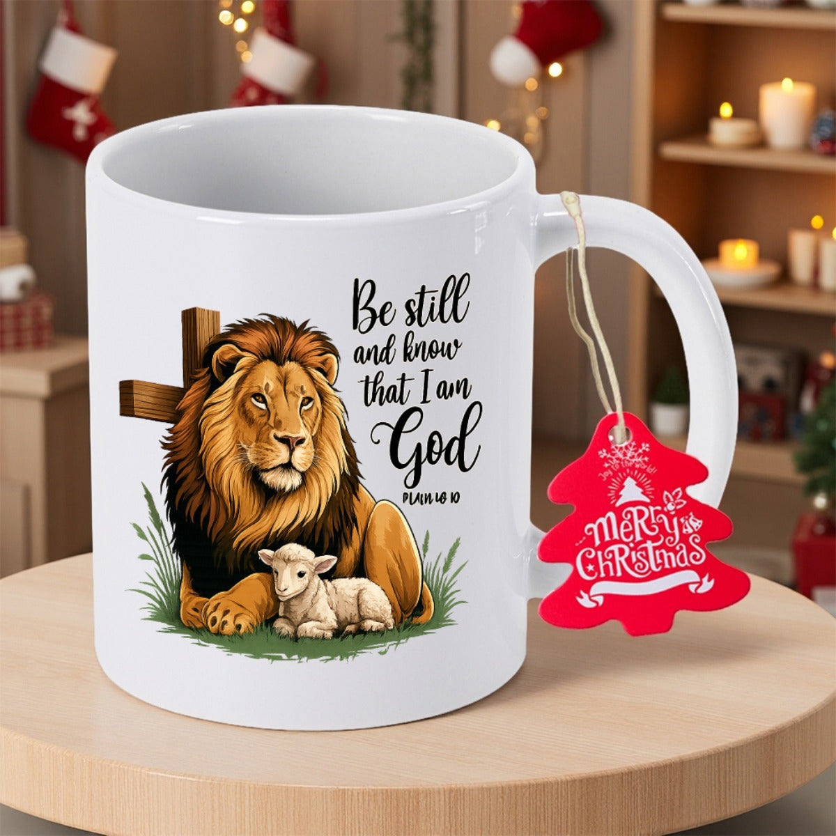 Tailorly White Ceramic 11 oz Mug - Be Still And Know That I Am God Psalm 46 10 Majestic Lion And Gentle Lamb Resting Near A Wooden Cross Lion