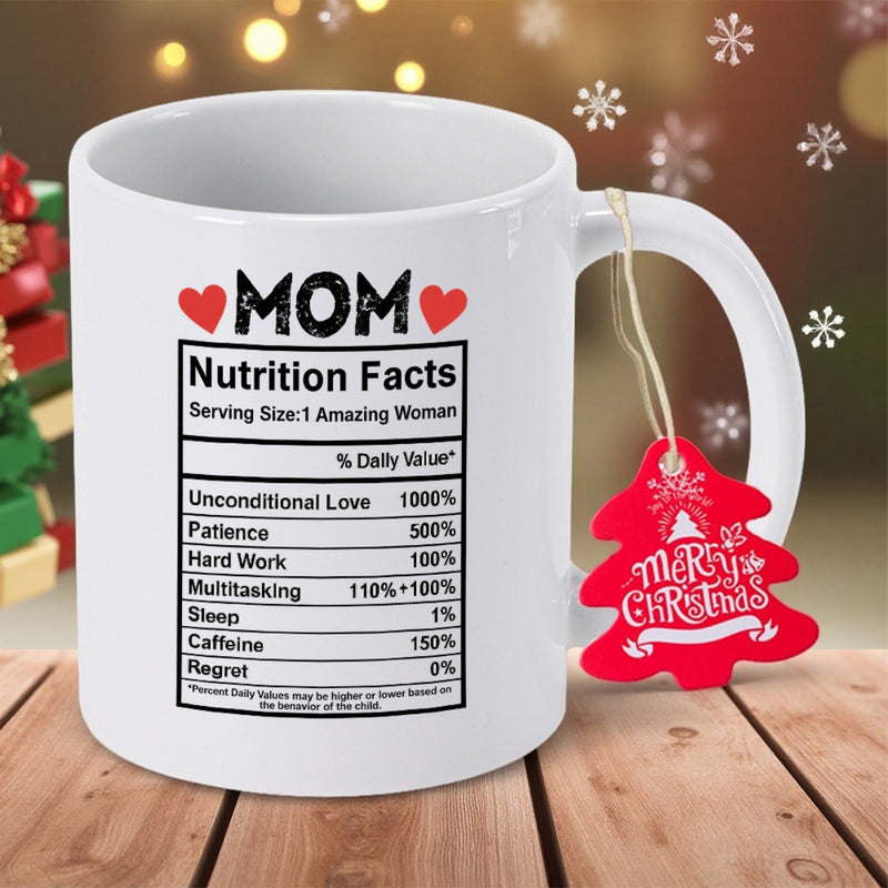 Tailorly White Ceramic 11 oz Mug - Mom Nutrition Facts Serving Size One Amazing Woman Classic White Ceramic Body Featuring Red Hearts And Creative Informative