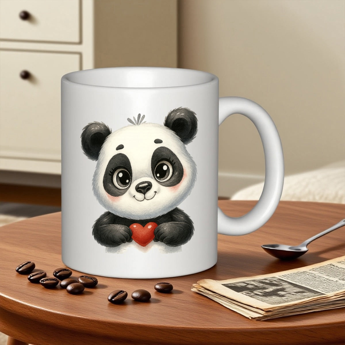 Tailorly White Ceramic 11 oz Mug - Adorable Hand Painted Style Cute Sitting Giant With Little Red Heart Panda