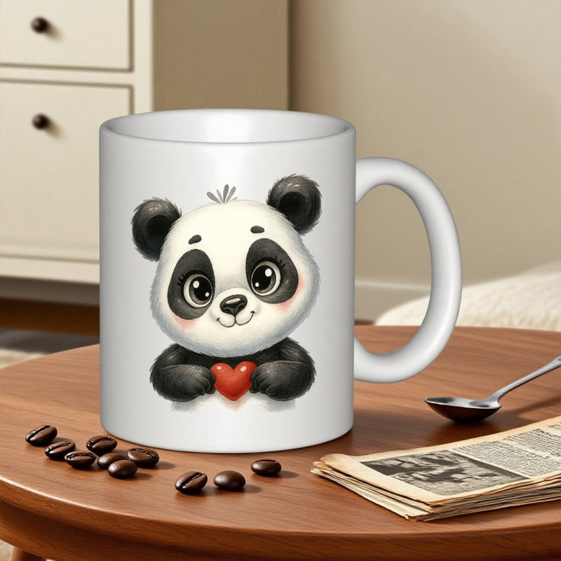 Tailorly White Ceramic 11 oz Mug - Adorable Hand Painted Style Cute Sitting Giant With Little Red Heart Panda