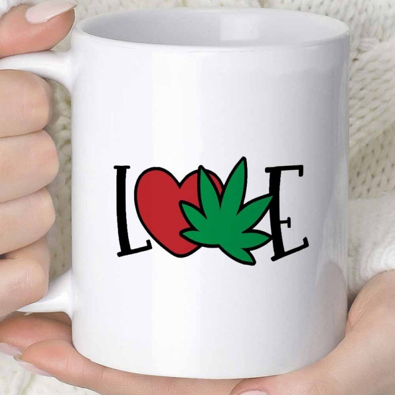 Tailorly White Ceramic 11 oz Mug - Love Vibrant Green Cannabis Leaf Layered Over Red Heart Expressing Natural Botanical Peace Leaf