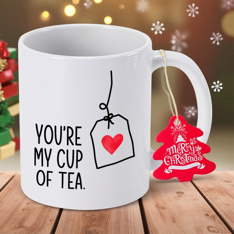 Tailorly White Ceramic 11 oz Mug - Youre My Cup Of Tea Minimalist Line Drawing Of A Hanging Tea Bag Featuring Small Red Heart Mug