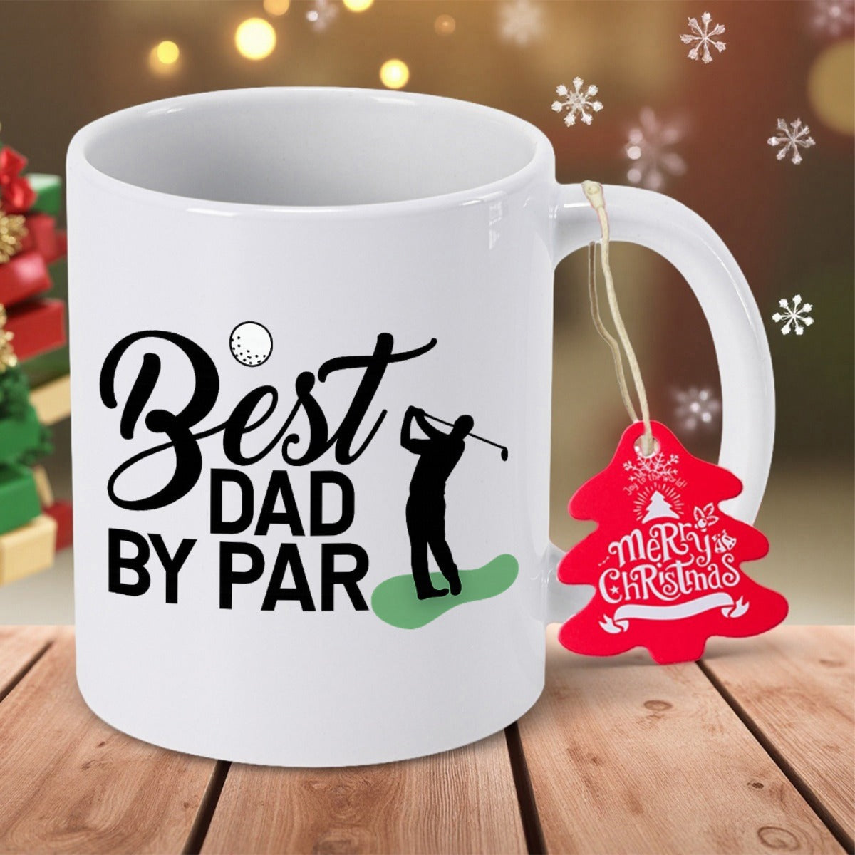 Tailorly White Ceramic 11 oz Mug - Best Dad By Par Silhouetted Professional Player Swinging Club Over Green Grass Golfer