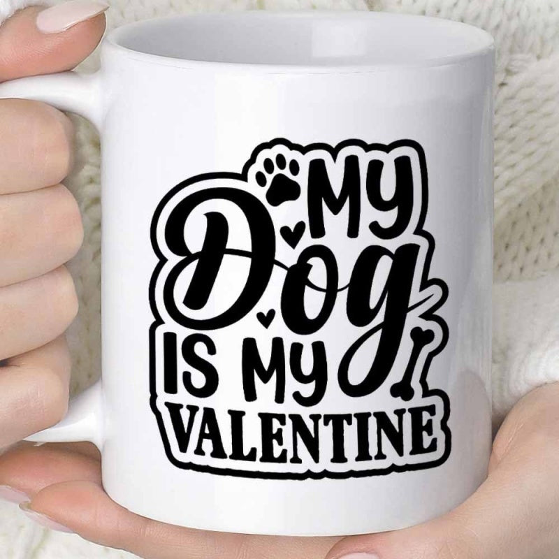 Tailorly White Ceramic 11 oz Mug - My Dog Is My Valentine Bold Stylized Script Featuring Hearts And Small Paw Prints Dog