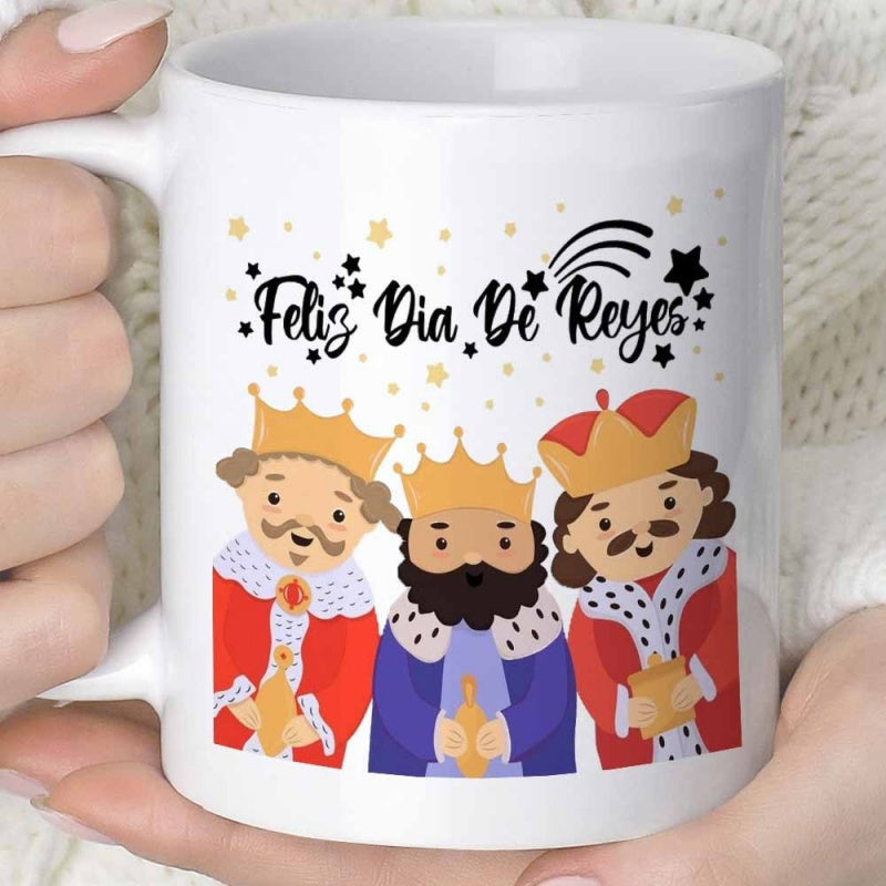 Tailorly White Ceramic 11 oz Mug - Three Smiling Figures Wearing Golden Crowns Under Twinkling Stars Kings