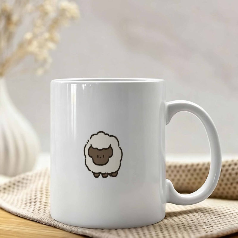 Tailorly White Ceramic 11 oz Mug - Adorable Minimalist Fluffy Lamb Featuring Dark Face Resting In Simple Lines Sheep