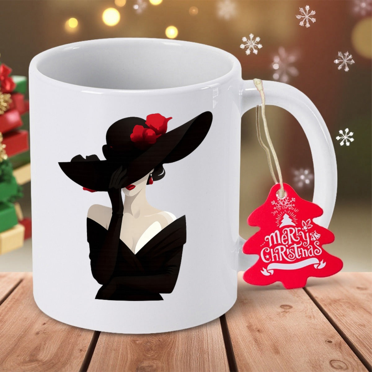 Tailorly White Ceramic 11 oz Mug - Merry Christmas Elegant Woman Wearing Wide Brim Black Hat With Red Flower Lady