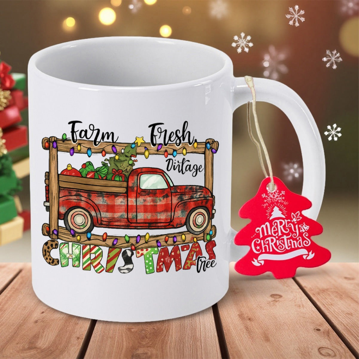 Tailorly White Ceramic 11 oz Mug - Farm Fresh Vintage Christmas Tree Red Plaid Pickup Carrying Evergreen Among Festive Colorful Lights Truck