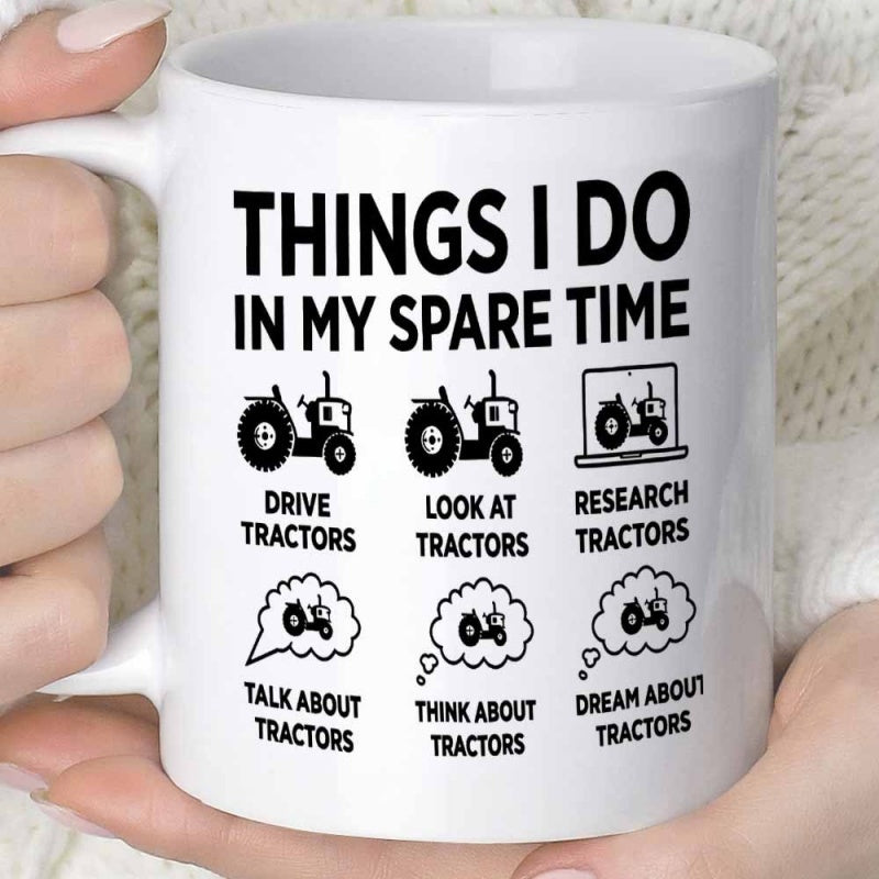 Tailorly White Ceramic 11 oz Mug - Things I Do In My Spare Time Minimalist Black Icons Arranged In A Systematic Grid Pattern Featuring Farming Tractor