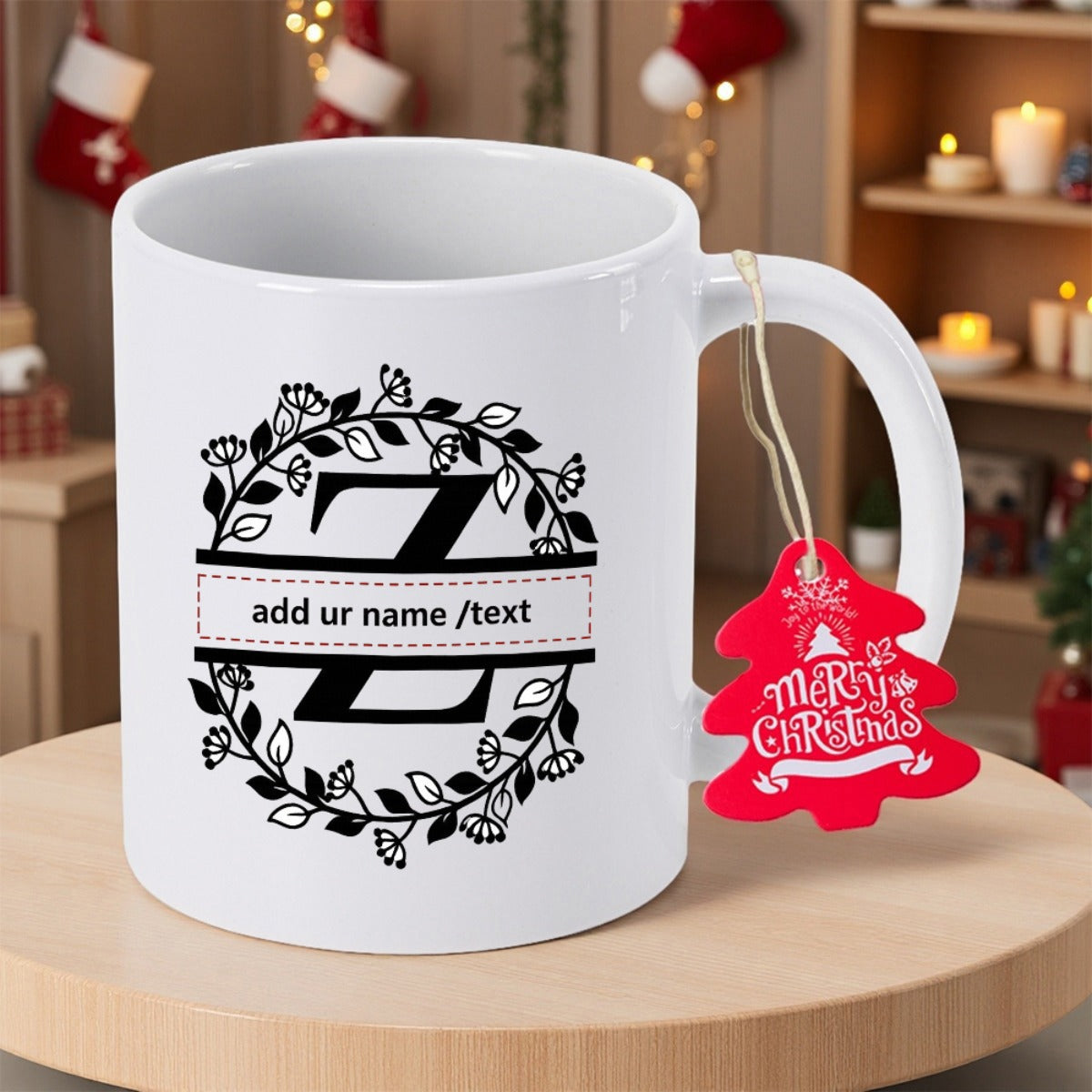 Tailorly White Ceramic 11 oz Mug - Merry Christmas Elegant Floral Wreath Split Monogram Design With Festive Red Tree Tag Mug