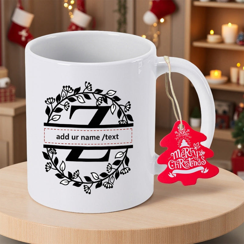 Tailorly White Ceramic 11 oz Mug - Merry Christmas Elegant Floral Wreath Split Monogram Design With Festive Red Tree Tag Mug