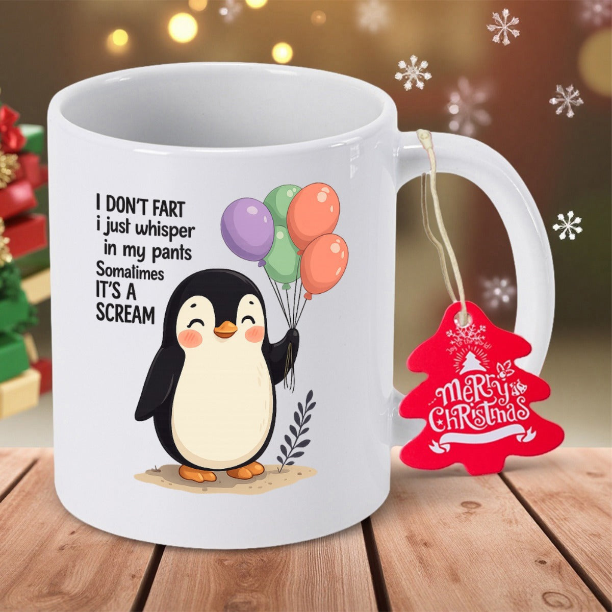Tailorly White Ceramic 11 oz Mug - I Don't Fart I Just Whisper In My Pants Sometimes It's A Scream Adorable Cartoon Animal Holding Colorful Balloons Standing On