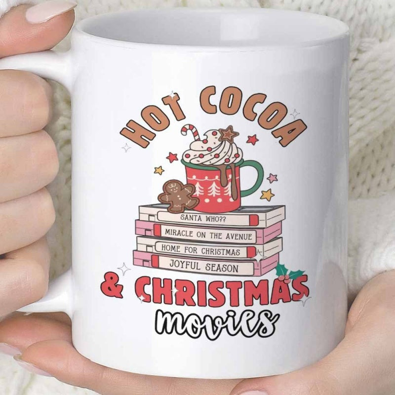Tailorly White Ceramic 11 oz Mug - Hot Cocoa Christmas Movies Cozy Festive Stack Of Books With Steaming Cocoa And Gingerbread Man Mug