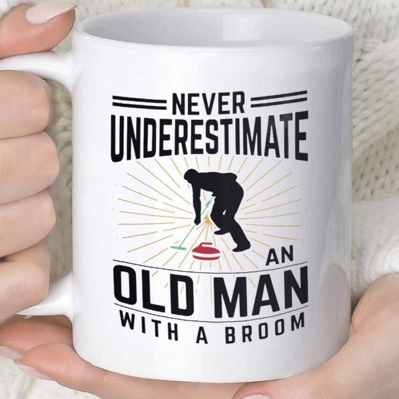 Tailorly White Ceramic 11 oz Mug - Never Underestimate An Old Man With A Broom Silhouette Of A Person Playing Curling On Winter Ice With Stone Curler