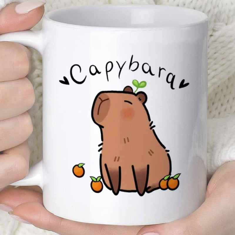 Tailorly White Ceramic 11 oz Mug - Capybara Adorable Brown Animal Sitting Among Small Oranges With Sprout On Head Capybara