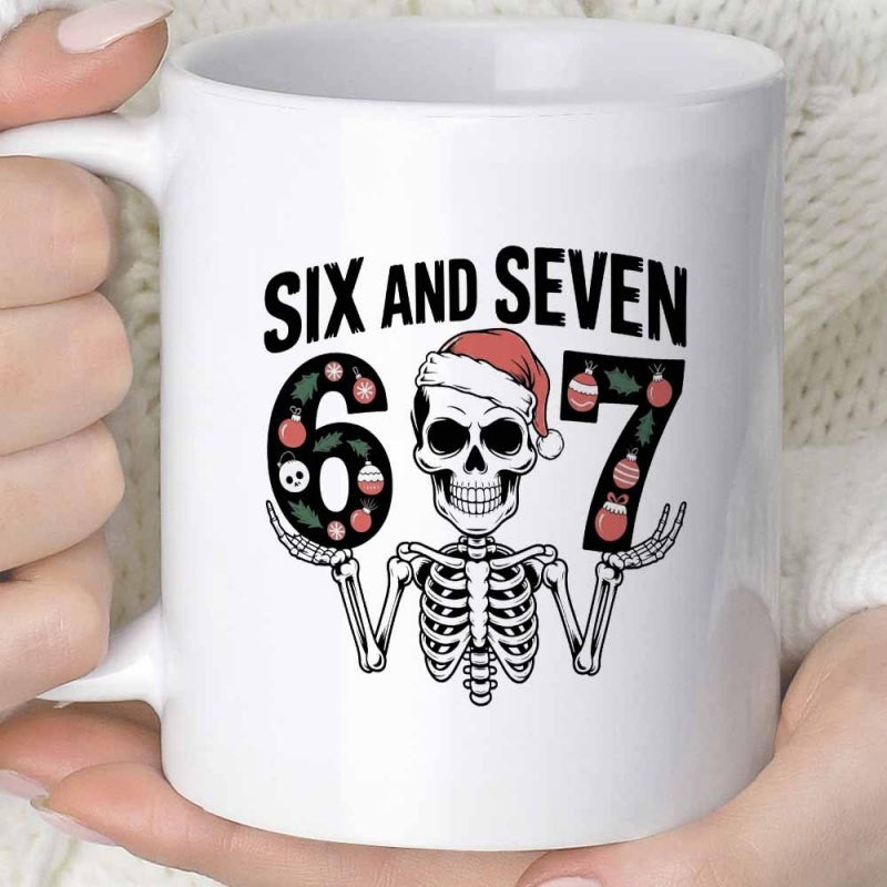 Tailorly White Ceramic 11 oz Mug - Six And Seven Festive Skeleton With Santa Hat Among Holiday Patterned Numbers Skeleton