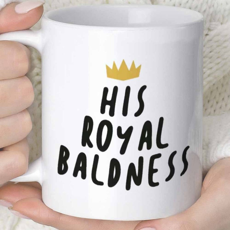 Tailorly White Ceramic 11 oz Mug - His Royal Baldness Minimalist Golden Tiara Floating Above Bold Handwritten Script Crown