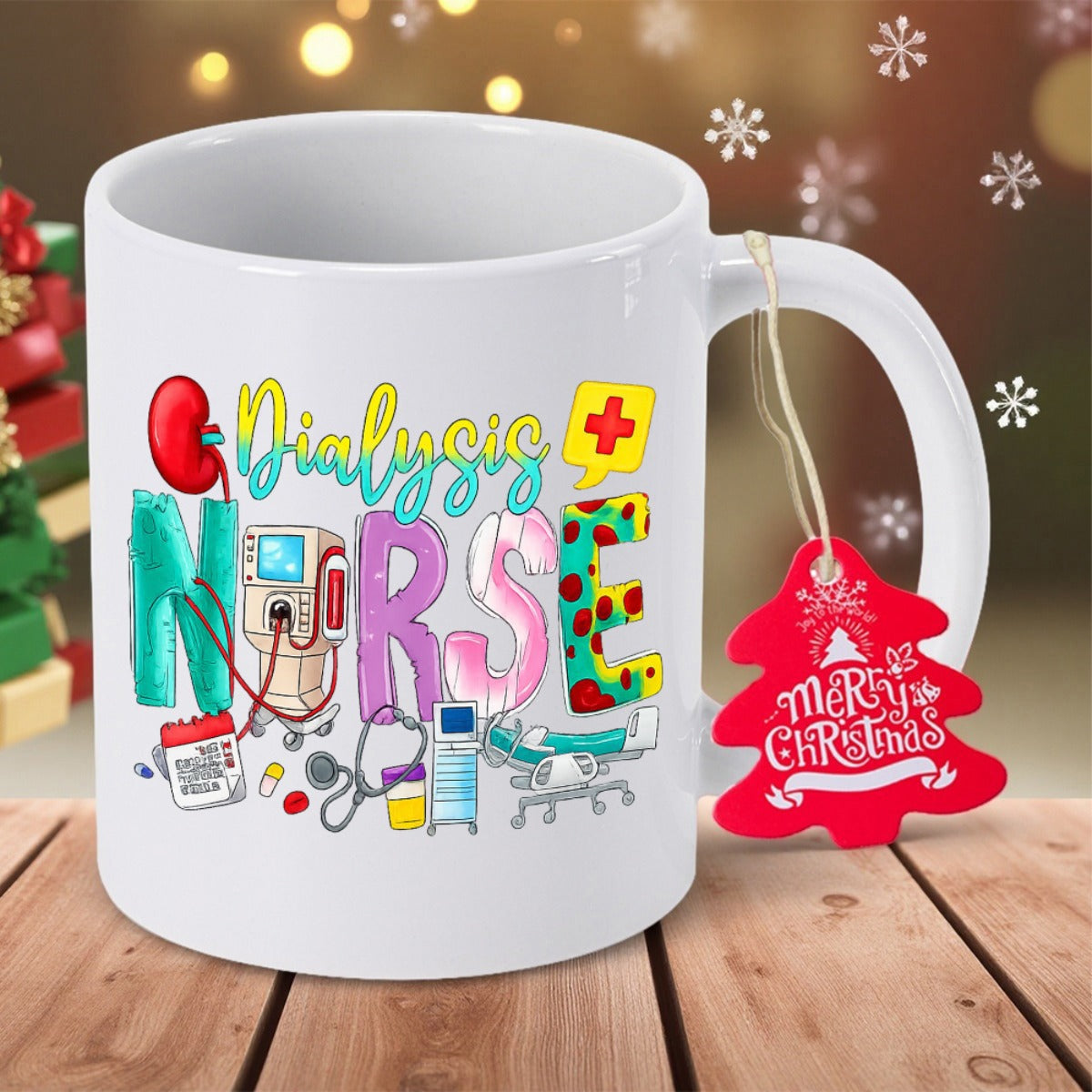 Tailorly White Ceramic 11 oz Mug - Dialysis Nurse Colorful Artistic Letters Surrounded By Various Clinical Medical Symbols Nurse