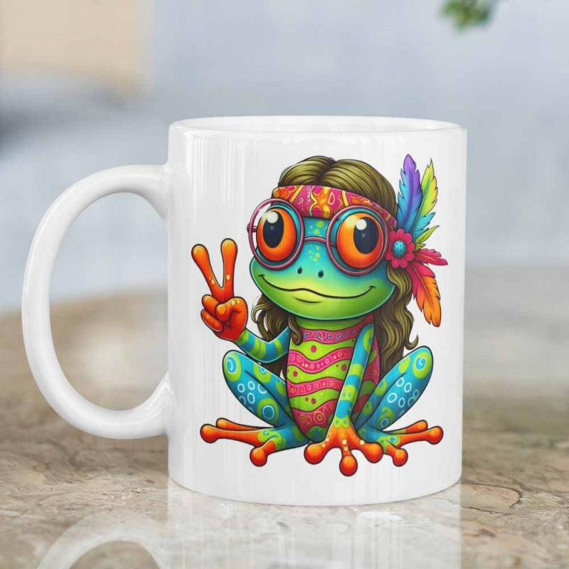Tailorly White Ceramic 11 oz Mug - Vibrant Colorful Hippie Sitting Among Feathers Wearing Glasses Making Peace Sign Frog