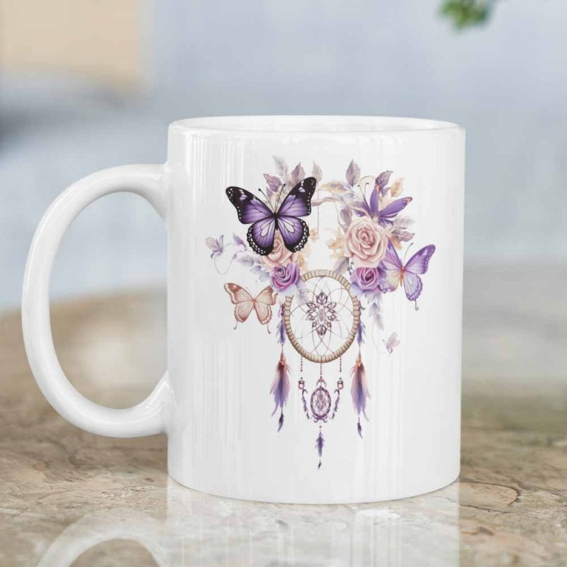 Tailorly White Ceramic 11 oz Mug - Soft Watercolor Butterflies And Purple Roses Adorning A Delicate Bohemian Dreamcatcher